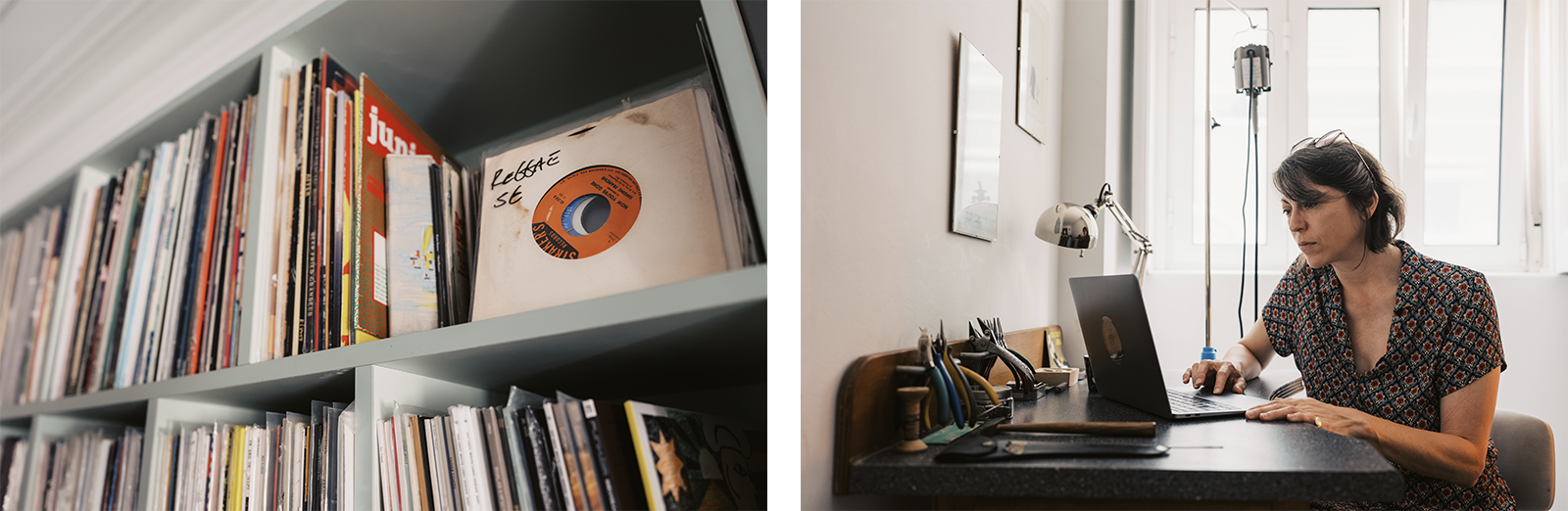 Two photos; the first one is a photo of a closet packed with records. The second one is Margaret sitting behind her laptop. At her desk, you see several working tools.